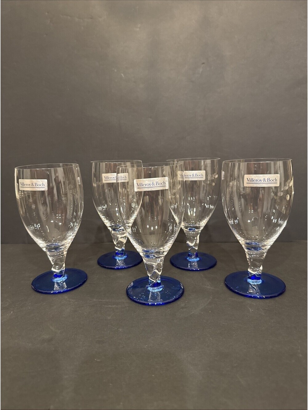 New Villeroy & Boch (5) Iced Tea Cobalt Blue Twisted Stem Goblets